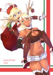  23_(real_xxiii) 2girls antlers bare_shoulders bell blonde_hair blue_eyes blush boots breast_press breast_rest breasts carrying christmas cleavage commentary_request covered_nipples dark-skinned_female dark_skin denim denim_shorts elbow_gloves fingerless_gloves gloves highres horns jewelry large_breasts merry_christmas multiple_girls navel no_bra oerba_yun_fang open_mouth original panties piggyback pointing pointing_forward reindeer_antlers ring santa_costume sela_(23) short_shorts shorts tan thigh_boots thighhighs toned underwear unzipped ursula_(23) wedding_ring wife_and_wife yuri 