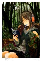  absurdres armchair audio-technica book brown_hair chair female forest glasses green_eyes headpat headphones highres lizard mouth_hold nature one_eye_closed original reading scan solo takano_otohiko 