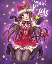  :3 animal_ears animal_hands bad_id bad_pixiv_id bare_shoulders bell black_legwear blue_eyes blush boots bow braid breasts brown_hair cat_ears cat_paws cat_tail christmas cleavage cross-laced_footwear dress female hairbow hat head_tilt highres knee_boots kneeling lace lace-trimmed_legwear lace_trim long_hair looking_at_viewer medium_breasts natsu_natsuna original santa_costume short_dress smile star_(symbol) tail thighhighs 