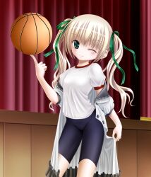  balancing balancing_ball ball basketball basketball_(object) bike_shorts blonde_hair blue_eyes commentary_request dress female green_eyes gym_uniform hair_ribbon long_hair misawa_maho mushoku_no_hourousha one_eye_closed open_clothes ribbon rou-kyuu-bu! school_uniform smile solo twintails undressing 