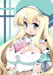  between_breasts blonde_hair blush book breasts cleavage dress female gloves green_eyes hair_ornament hairclip hat kakeru large_breasts long_hair oborotsuki_kakeru open_mouth senran_kagura senran_kagura_(series) smile solo yomi_(senran_kagura) 