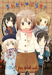  5girls :d :o :t akiyama_mio argyle_clothes argyle_scarf bad_id bad_pixiv_id black_hair blonde_hair brown_hair coat earmuffs gum_(vivid_garden) hat hirasawa_yui k-on! k-on!_movie kotobuki_tsumugi long_hair multiple_girls nakano_azusa open_mouth scarf short_hair smile tainaka_ritsu thick_eyebrows twintails v winter_clothes 