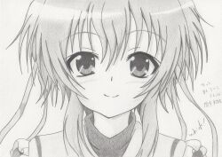  bad_id bad_pixiv_id female hair_between_eyes highres light_smile long_hair mashiroiro_symphony monochrome smile solo text_background traditional_media uryuu_sakuno whick_(mywhite) 