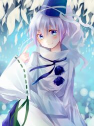  bad_id bad_pixiv_id blue_eyes blush female hat japanese_clothes kariginu meronpanna_(mikoniito) mononobe_no_futo pointing smile solo touhou white_hair 