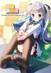  black_thighhighs blush bow capelet convenient_leg cover cover_page feet female long_hair looking_at_viewer no_shoes open_mouth original photoshop_(medium) pillow purple_eyes silver_hair sitting skirt smile solo takoyaki_(roast) thighhighs twintails zettai_ryouiki 