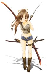  :p blood blood_on_face blue_shorts boots breasts brown_eyes brown_hair commentary_request cross-laced_footwear denim denim_shorts female highres katana knee_boots lace-up_boots medium_breasts midriff nashigami_tsubute navel original panties photoshop_(medium) pink_panties ponytail shadow shorts solo sword thigh_strap tongue tongue_out underwear weapon 