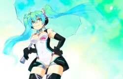  aqua_eyes aqua_hair commentary_request elbow_gloves female gloves goodsmile_company goodsmile_racing hatsune_miku headphones highleg leotard race_queen racing_miku racing_miku_(2011) shigehiro_(hiroi_heya) solo thighhighs twintails umbrella vocaloid 