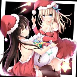  2girls backless_dress backless_outfit bare_back bare_shoulders black_hair black_socks black_thighhighs blonde_hair blue_eyes boku_wa_tomodachi_ga_sukunai breasts butterfly_hair_ornament chinese_commentary chiyingzai cleavage commentary_request detached_sleeves dress fur_trim gift hair_ornament halterneck hat kashiwazaki_sena kneehighs long_hair medium_breasts mikazuki_yozora multiple_girls one_eye_closed photoshop_(medium) purple_eyes sack santa_costume santa_hat shooting_star sitting small_breasts smile socks star_(symbol) thighhighs 