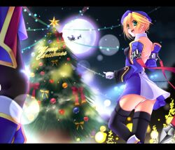  2boys beret blazblue blonde_hair christmas commentary_request detached_sleeves female full_moon gloves green_eyes hat jin_kisaragi lights moon multiple_boys noel_vermillion ornament panties pointing reindeer ribbon santa_claus sayo_wini sleigh star_(symbol) thighhighs tree underwear 