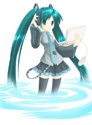  commentary_request detached_sleeves female green_eyes green_hair hatsune_miku headphones highres long_hair nashigami_tsubute photoshop_(medium) skirt smile solo thighhighs very_long_hair vocaloid wading water 