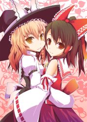  2girls bare_shoulders blonde_hair bow braid brown_hair commentary_request detached_sleeves hair_tubes hairbow hakurei_reimu hat hat_bow highres hug kirisame_marisa koumei_(harmonizer) looking_at_viewer multiple_girls photoshop_(medium) red_eyes sarashi short_hair single_braid skirt smile touhou vest white_bow witch_hat yellow_eyes 