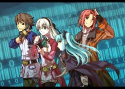  2boys 2girls aqua_background arms_behind_back ascot barcode belt black_dress blue_eyes blue_hair brown_eyes brown_hair coat commentary_request dress eiyuu_densetsu elie_macdowell gloves green_ascot green_eyes group_picture hairband half_updo kazuichi lloyd_bannings long_hair multiple_boys multiple_girls pantyhose randolph_orlando red_hair tio_plato two_side_up white_hair yellow_eyes zero_no_kiseki 