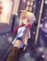  blonde_hair commentary_request fate_testarossa female hair_ribbon highres holding_hands long_hair low-tied_long_hair lyrical_nanoha mahou_shoujo_lyrical_nanoha_strikers out_of_frame pov pov_hands red_eyes red_scarf ribbon scarf smile snowing solo_focus yuki_shizuku 