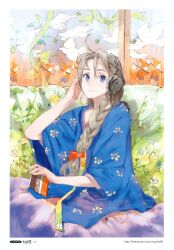  absurdres artist_name bed blanket blue_eyes blue_kimono braid brown_hair female hair_over_shoulder headphones highres japanese_clothes kimono long_hair looking_at_viewer original scan single_braid solo toi8 watermark web_address 