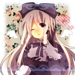  amano_hotaru_(hotaama) axis_powers_hetalia belarus_(hetalia) bow commentary_request dress female flower gloves grey_hair hairbow heart long_hair one_eye_closed purple_eyes rose smile solo wings 