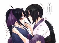  2girls bad_id bad_pixiv_id black_hair blush japanese_clothes kamiya_kaoru kimono long_hair multiple_girls nakami_(number69) ponytail rurouni_kenshin time_paradox translated very_long_hair yukishiro_tomoe 