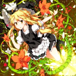  :o album_cover apron blonde_hair boots bow commentary_request cover crescent female flower hair_ribbon hairbow hat hat_bow kirisame_marisa long_hair looking_at_viewer miniskirt musical_note open_mouth plant ribbon sazanami_mio skirt skirt_set solo star_(symbol) touhou very_long_hair vines witch_hat yellow_eyes 