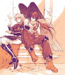  1boy angel_wings bird boots breath_of_fire breath_of_fire_ii commentary_request couple dress feathered_wings female heizo knee_boots legs long_hair long_legs monochrome nina_(breath_of_fire_ii) photoshop_(medium) ryuu_(breath_of_fire_ii) side_slit straight thighs wings 