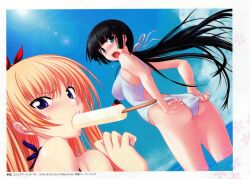  2girls bikini black_hair blonde_hair blue_eyes blush christiane_friedrich dutch_angle hair_ribbon kawagishi_keitarou long_hair looking_back maji_de_watashi_ni_koi_shinasai! mayuzumi_yukie mizugi multiple_girls official_art open_mouth oppai oshiri ponytail popsicle 