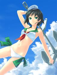  adapted_costume anchor bikini black_hair breasts cloud day female green_eyes hat murasa_minamitsu navel neckerchief rokuwata_tomoe sailor sailor_bikini sailor_collar sailor_hat short_hair sky small_breasts solo swimsuit touhou 