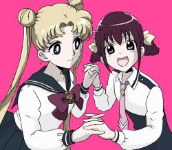  2girls bishoujo_senshi_sailor_moon bishoujo_senshi_sailor_moon_r blonde_hair blue_eyes bow brooch color_connection commentary_request crossover crystal_star_(sailor_moon) double_bun eyelashes hair_bun holding_hands hoshizora_miyuki interlocked_fingers jewelry juuban_middle_school_uniform kyakya long_hair multiple_girls nanairogaoka_middle_school_uniform necktie photoshop_(medium) pink_background pink_eyes pink_hair pink_necktie pink_theme precure purple_bow ribbon school_uniform short_hair short_twintails smile smile_precure tsukino_usagi twintails 