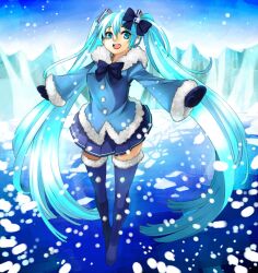  aqua_eyes aqua_hair bow commentary_request eiji_(eiji) female hatsune_miku long_hair mittens open_mouth outstretched_arms skirt solo spread_arms thighhighs twintails very_long_hair vocaloid yuki_miku yuki_miku_(2012) 