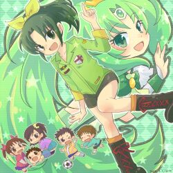  3boys 3girls :d ball boots bow brown_eyes brown_hair commentary_request cure_march dual_persona english_flag eyelashes green_eyes green_hair green_shirt green_shorts green_theme hatuse long_hair midorikawa_haru midorikawa_hina midorikawa_keita midorikawa_kouta midorikawa_nao midorikawa_yuuta multiple_boys multiple_girls open_mouth pointing ponytail precure shirt shorts siblings side_ponytail sleeves_rolled_up smile smile_precure soccer_ball telstar tri_tails twintails very_long_hair 