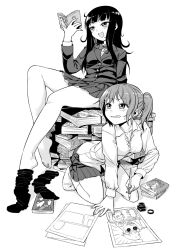  2girls abua barefoot book commentary_request drawing feet greyscale monochrome multiple_girls original photoshop_(medium) ponytail reading school_uniform sitting sock_dangle sock_pull socks 