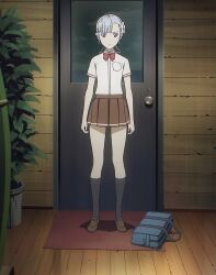  closed door doormat doorway fin_ay_ludo_sui_lavinty floral_hair_decoration light_blue_hair loafers looking_towards_front plant red_bow_tie rinne_no_lagrange school_bag screen_capture sign tree warm_weather_school_uniform wooden_floor 