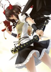  brown_hair dress_shirt female hat katana looking_at_viewer looking_back mask red_eyes rokuwata_tomoe scabbard shameimaru_aya sheath sheathed shirt short_hair simple_background skirt solo sword tengu_mask tokin_hat touhou weapon wings 