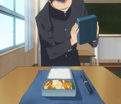  bento bento_box blue_wrapping case chalkboard chopstick classroom curtain desk egg_wrapped_meat interior lid_removal rice screen_capture takasu_ryuuji toradora! window 