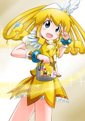  alternate_hair_color blue_eyes bow bucket commentary_request cosplay cure_peace cure_peace_(cosplay) female highres ikamusume kanemoto_hisako paint precure rokushaku_neko shinryaku!_ikamusume skirt smile_precure solo tentacle_hair tiara v voice_actor_connection yellow_bow yellow_skirt yellow_theme 