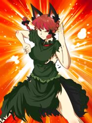  animal_ears braid breasts cat_ears commentary_request extra_ears female fighting_stance highres kaenbyou_rin medium_breasts meganemausu pointy_ears red_eyes red_hair sideboob solo torn_clothes touhou twin_braids twintails 