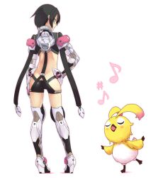  :o animal armor ass bird black_hair boots commentary_request creature female hand_on_own_hip high_heels looking_away music musical_note neighbor_quartz phantasy_star phantasy_star_online_2 rappy revealing_clothes shoes short_hair simple_background singing standing totteri white_background 