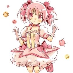  :&gt; bubble_skirt commentary_request female jumping kaname_madoka kaname_madoka_(magical_girl) magical_girl mahou_shoujo_madoka_magica mahou_shoujo_madoka_magica_(anime) miso_(mimimiso) pink_eyes pink_hair puffy_sleeves short_twintails skirt solo twintails 