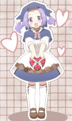  alternate_costume alternate_hairstyle bad_id bad_pixiv_id blue_eyes box capelet dress female full_body gift gift_box heart heart-shaped_box hood kumoi_ichirin light_purple_hair naka_akira open_mouth short_hair smile solo thighhighs touhou twintails valentine white_thighhighs 