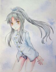  alternate_hair_color arms_behind_back commentary_request female grey_hair hair_ribbon hattori_shizuka leaning_forward long_hair looking_at_viewer one-piece_swimsuit painting_(medium) ponytail ribbon smile solo strike_witches swimsuit traditional_media uniform watercolor_(medium) world_witches_series yellow_eyes yuyu_(00365676) 