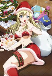  blonde_hair blue_eyes blush boku_wa_tomodachi_ga_sukunai breasts christmas female hair_ornament hairclip kashiwazaki_sena large_breasts long_hair looking_at_viewer lying lying_down lying_on_side navel oppai present presents santa_costume santa_hat shitapai solo strawberry tongue when_you_see_it 