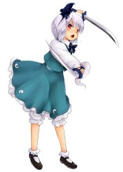  black_hairband bloomers blush bobby_socks bow bowtie chikado commentary_request dress_shirt dual_wielding female full_body grey_hair hair_ribbon hairband highres holding katana konpaku_youmu open_mouth parody red_eyes ribbon shirt short_hair skirt socks solo sweatdrop sword touhou transparent_background underwear vest weapon 