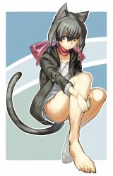  barefoot black_hair bow cat_tail dress feet gray_hair green_eyes hoodie jackey kemonomimi legs neckerchief nekomimi oshiri scarf tail whiskers 