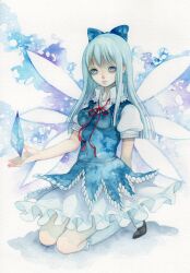  alternate_costume alternate_hair_length alternate_hairstyle bad_id bad_pixiv_id blue_eyes blue_hair cirno embellished_costume female ice kneehighs kneeling long_hair multiple_wings painting_(medium) pinkxxxna socks solo teenage touhou traditional_media watercolor_(medium) white_socks wings 