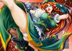  blue_eyes boots braid breasts commentary_request female fingerless_gloves gloves hat hat_ornament hijikawa_arashi hong_meiling large_breasts long_hair open_mouth panties red_hair ribbon solo star_(symbol) star_hat_ornament touhou twin_braids underwear white_panties 