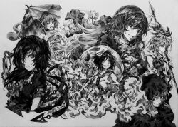  6+girls anchor animal_ears asymmetrical_wings belt bishamonten&#039;s_spear bow chains commentary_request dowsing_rod flower graphite_(medium) greyscale grin hair_ornament hat highres hijiri_byakuren hood houjuu_nue kumoi_ichirin long_hair monochrome mouse_ears multiple_girls murasa_minamitsu nazrin neko_(yanshoujie) photoshop_(medium) polearm sailor sailor_hat short_hair smile spear tatara_kogasa tongue toramaru_shou touhou traditional_media umbrella undefined_fantastic_object unzan weapon wings 