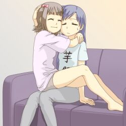  2girls amami_haruka closed_eyes commentary_request couch hand_on_another&#039;s_head hug idolmaster idolmaster_(classic) kisaragi_chihaya legs multiple_girls sitting sweat sweatdrop tonkotsu_kurage 