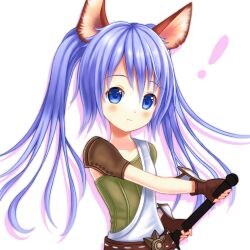  ! animal_ears blue_eyes blue_hair blush commentary_request elin female fighting_stance long_hair looking_at_viewer photoshop_(medium) ready_to_draw setona_(daice) solo tera_online twintails 