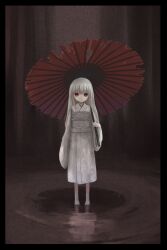  barefoot blonde_hair dress eerie feet ghostly long_white_hair looking_at_viewer obi parasol red_eyes reflection white_kimono 