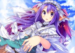  bracelet capelet cloud cloudy_sky commentary_request day dress female gloves hair_ornament hairclip headdress jewelry kuwashima_rein long_hair purple_eyes purple_hair ring rune_factory rune_factory_3 single_glove sky sofia_jalapeno_viviage solo white_gloves 