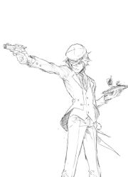  alcohol androgynous artist_request butler cabbie_hat crossdressing female female_butler formal greyscale gun hair_over_one_eye hat monochrome necktie persona persona_4 photoshop_(medium) reverse_trap shirogane_naoto short_hair solo suit tray weapon wine 