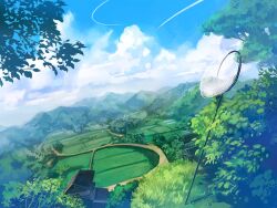  blue_sky butterfly_net cloud commentary_request contrail cumulonimbus_cloud day hand_net house landscape mountain nature no_humans noki_(affabile) original outdoors path rice_paddy road rural scenery sky 