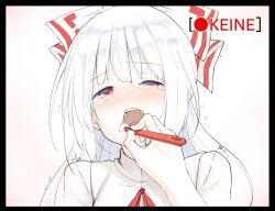  black_border blush border bow brushing_another&#039;s_teeth brushing_teeth commentary_request female fujiwara_no_mokou hairbow hiroya_juuren long_hair open_mouth out_of_frame portrait pov pov_hands red_eyes solo_focus tears toothbrush touhou white_hair wince 